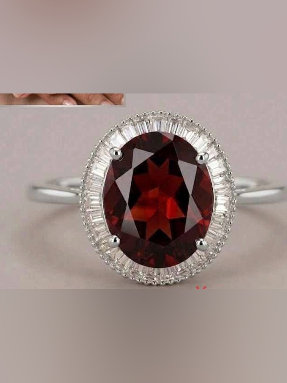 18k solid white gold Garnet Halo Ring - Deep Red Gemstone with Natural diamonds